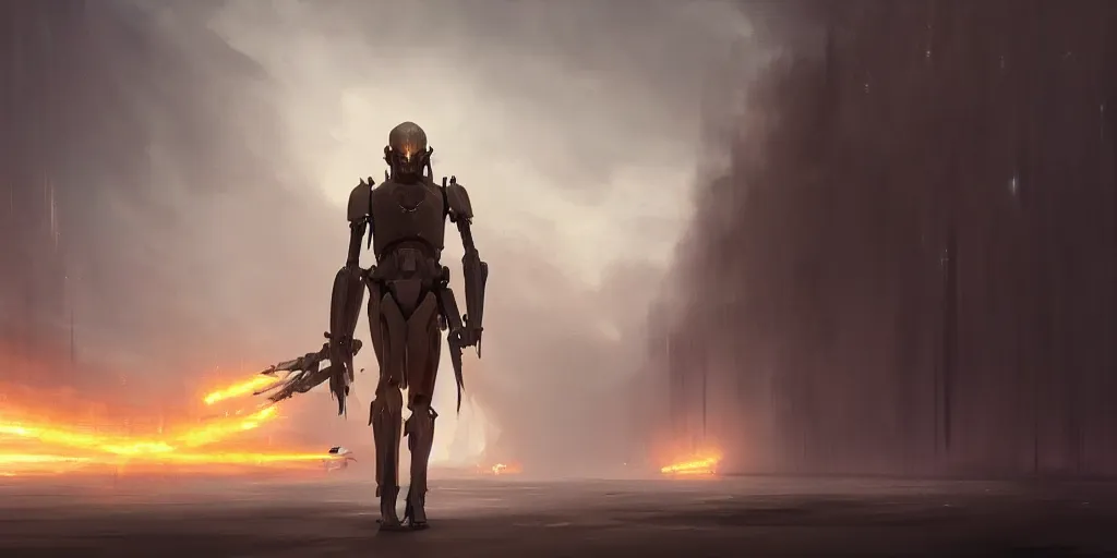 Prompt: a painting of a cinematic keyframe of star wars general grievous, heavy atmosphere and smoke by greg rutkowski, rule of thirds, golden ratio, ambient lighting, wlop, artgerm, artstation, highly detailed masterpiece, dark fantasy art, high detail, trending on artstation