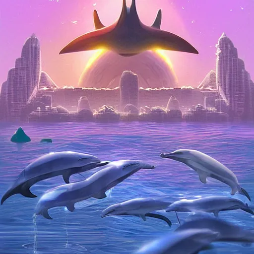 Image similar to an alien city of dolphins under the ocean, sci-fi digital art illustration,