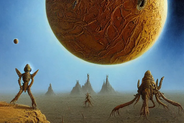 Image similar to oil painting, super - detailed scene of a planet that is also a giant insect, entomology, japanese sci - fi books art, artwork by jean giraud and zdzislaw beksinski and michael whelan and hr giger, hd, 4 k, high quality