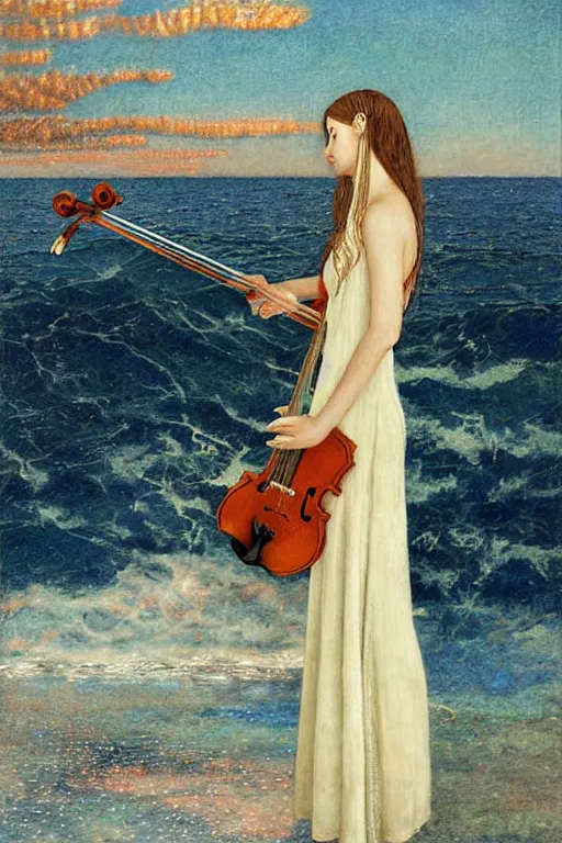 Prompt: beautiful mystical digital painting girl playing a violin wearing a long white dress over a wavy ocean by carlos Shwabe