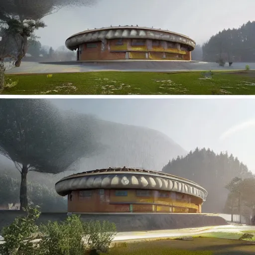 Image similar to modern house inspired by tibetan palace, built like a stadium with atrium in the middle, on a hill surrounded by big trees, dramatic lighting, artstation, realistic rendering, unreal engine, octane render, raphael lacoste, simon stalenhag, frank lloyd wright, helicopter view