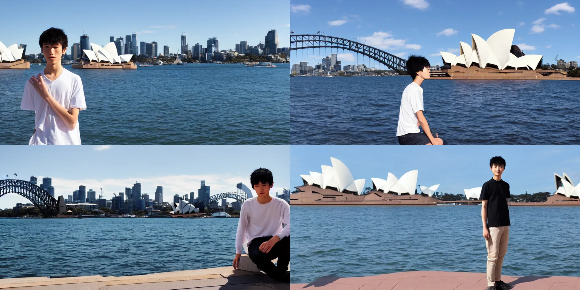 Prompt: japanese teen male at sydney harbour with sydney opera house in the background, style of makoto shinkai