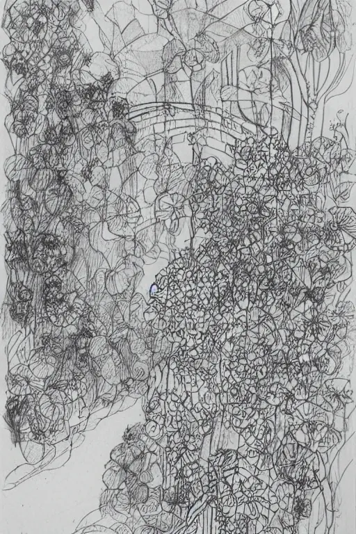 Image similar to single line sketch of cascading garden with large flowers, scribble sketch, small details,