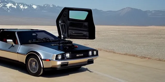 Image similar to a single delorean and 1 9 6 9 dodge charger hybrid, dslr