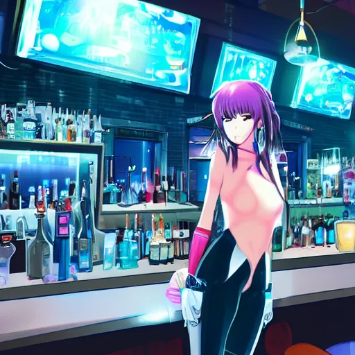 Prompt: anime girl in a cyberpunk city bar at night