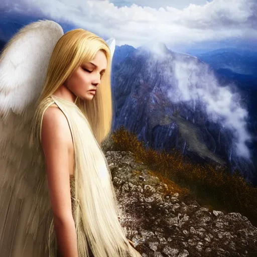 Prompt: very pretty blond female angel with large wings landing on a mountain top, shallow depth of field, moody lighting, 8 k, concept art, martina fackova,