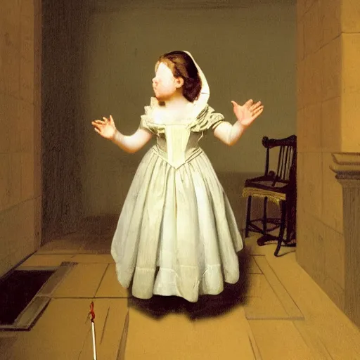 Image similar to representation of a royal girl in a doomed jail, with just a beam of light coming from a little window in the style of John Singleton Copley, American painter