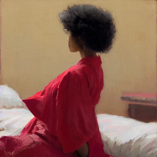 Prompt: girl with afro, in red kimono, backview, sitting on edge of bed, by jeremy lipking, tim rees, joseph todorovitch