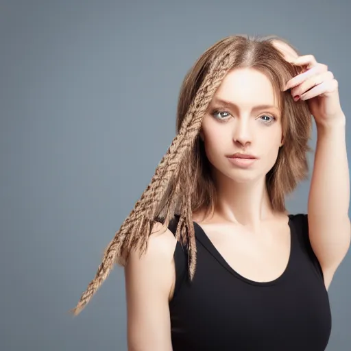 Prompt: A photo of a caucasian female model with hair made by phone cable