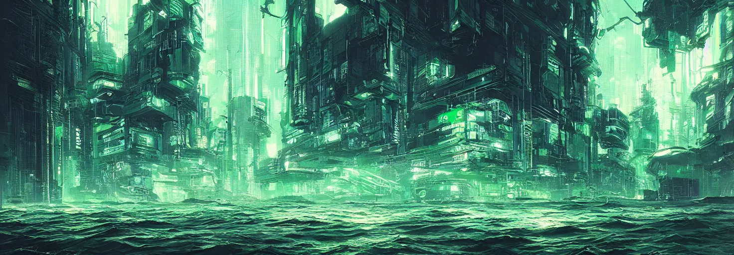 Image similar to reflective waves, cyberpunk texture, green coloring, by studio ghibli and greg rutkowski