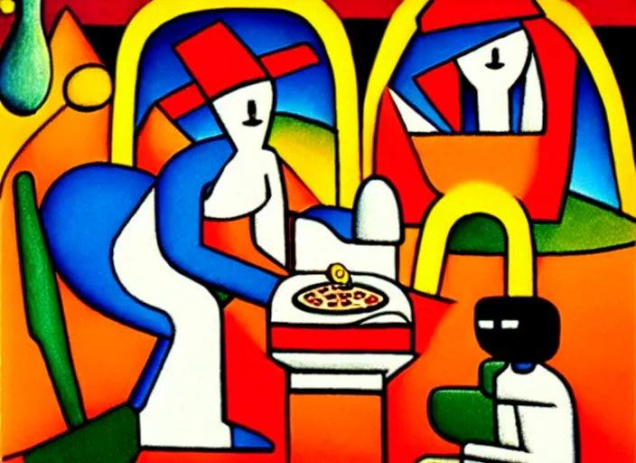 Image similar to a temple to pizza by Tarsila do Amaral