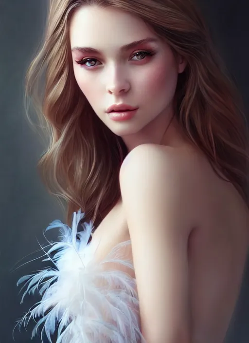 Image similar to a gorgeous female photo, professionally retouched, soft lighting, wearing a feather dress, realistic, smooth face, perfect eyes, wide angle, sharp focus on eyes, 8 k high definition, insanely detailed, intricate, elegant, art by artgerm and wlop