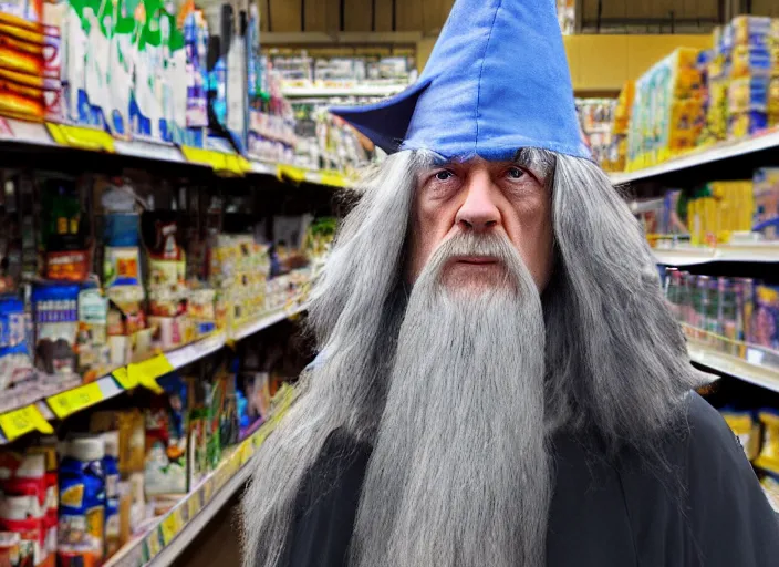 Prompt: digital art of Gandalf wearing wizard hat, stacking supermarket shelves, depressing, sad