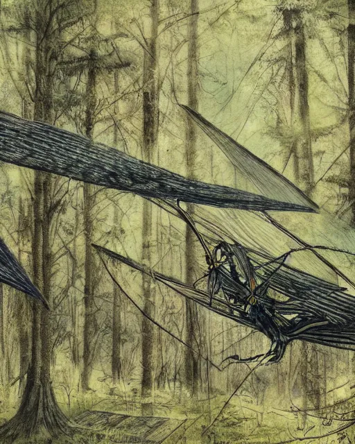 Prompt: ornithopter abandoned in a forest, illustration by hiro isono, art station