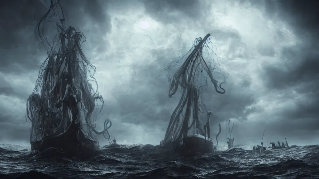 Prompt: giant Lovecraftian creature with large tentacles rising up from the ocean attacking a schooner, storm is raging, horror, creepy, unsettling, dark, eldritch, strange, photo realistic, stunning atmosphere, cinematic lighting, 4K, DSLR, filmic, HDR, hyperrealism, Unreal Engine, volumetric lighting, Darkart