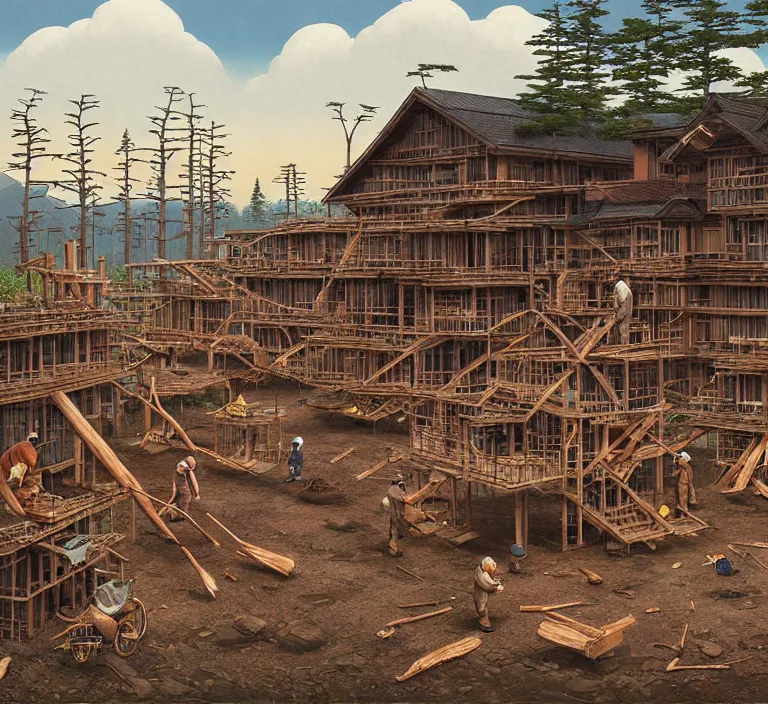 Image similar to photography hyperrealism concept art of highly detailed anthropomorphic beavers builders that building city with sticks by hasui kawase and scott listfield sci - fi style hyperrealism
