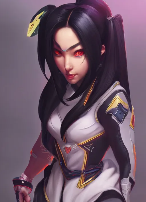 Image similar to character portrait of a fusion of Hanzo from Overwatch and D.Va from Overwatch by ArtGerm and Tom Bagshaw, 4k, highly detailed, cinematic lighting, characters merged