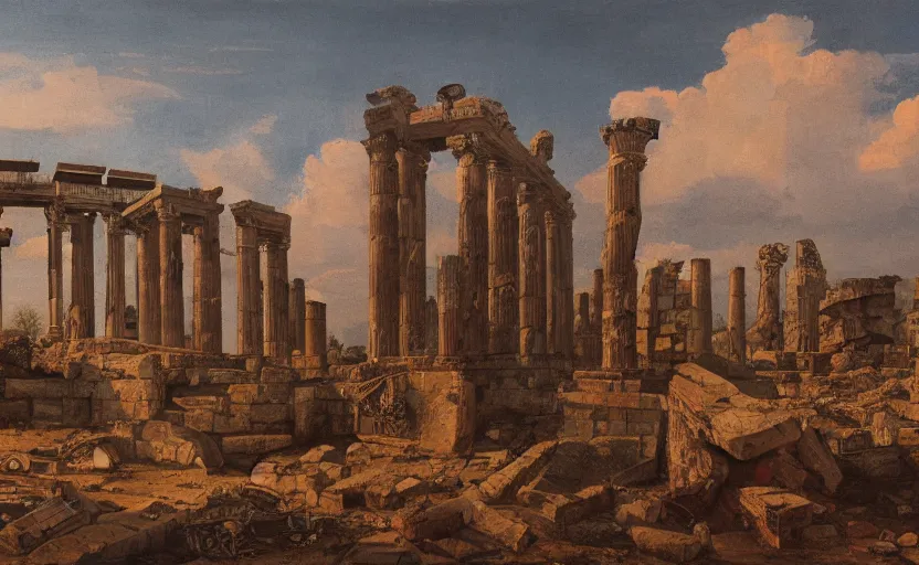 Prompt: a detailed painting of a colossal statue of the goddess Athena towers above a ruined roman city, after a battle, smoking rubble, at dusk