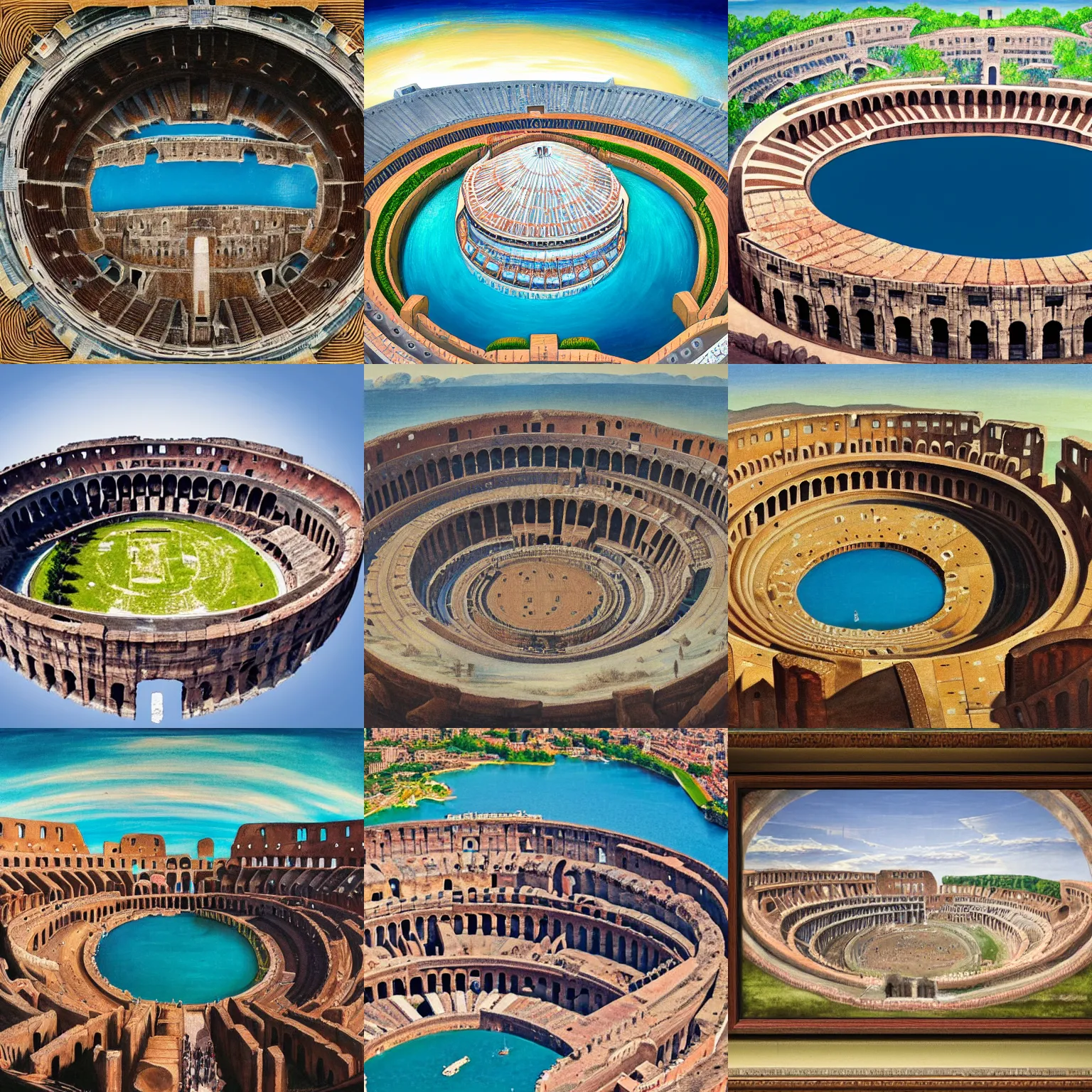 Prompt: a colosseum like arena with it's central round inner arena part surrounded with water, view from the sky, detailed painting, 8 k