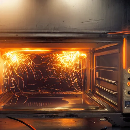 Image similar to overcharging toaster oven, tangles of metallic cables, dark messy smoke - filled cluttered workshop, dark, dramatic lighting, orange tint, sparks, plasma charges, cinematic, highly detailed, sci - fi, futuristic, movie still