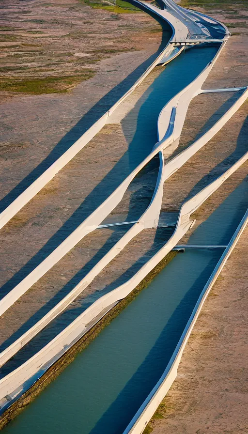 Image similar to color pentax photograph of a pristine, modern architecture storm surge barrier from an aerial perspective. epic colours and lighting!