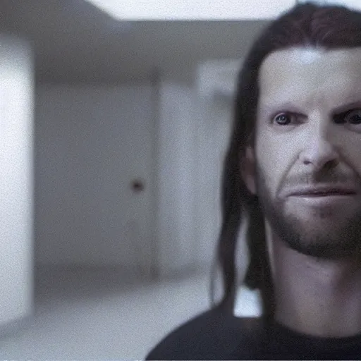 Image similar to a vhs still portrait of aphex twin breaking into the office from a gritty cyberpunk 2 0 0 0 s james cameron movie about spider - man. realism, cinematic lighting, 4 k. 8 mm. grainy. panavision.