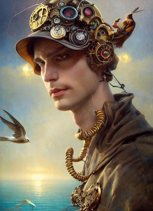 Image similar to hyper realistic fisherman, birds eye view, magical, gems, jewels, gold, steampunk, cyberpunk utopia, painted by tom bagshaw, mucha, gaston bussiere, craig mullins, j. c. leyendecker 8 k