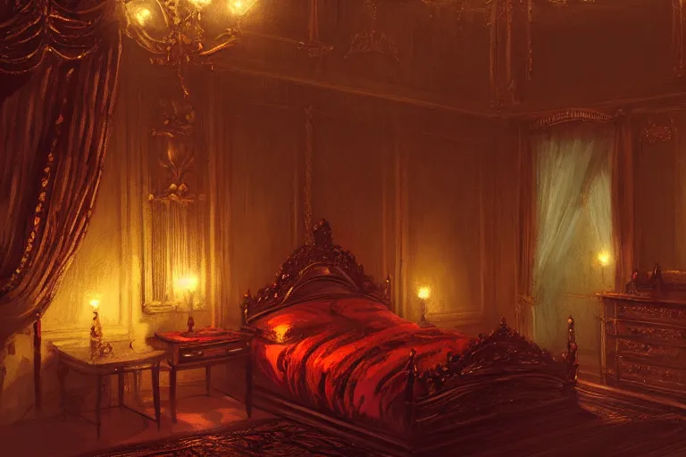 Image similar to an ornate victorian bedroom at night. 1 8 9 0, key visual, conceptart, low candlelight, highly detailed, digital painting, artstation, concept art, sharp focus, by makoto shinkai and akihiko yoshida and greg manchess