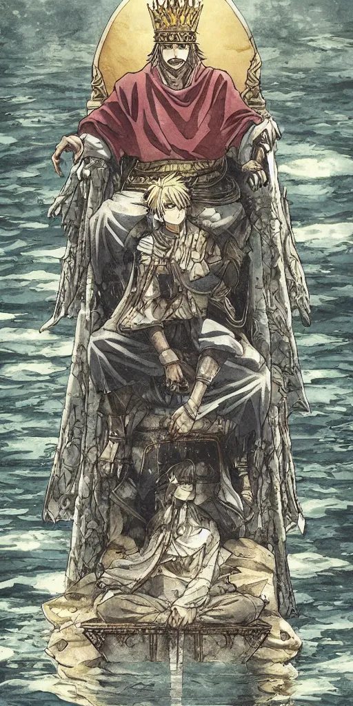 Image similar to a single lone king sitting on a throne floating on water in the middle of a lake drawn by Makoto Yukimura in the style of Vinland saga anime, full color, detailed,