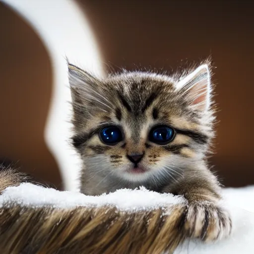 Image similar to super crisp closeup photo of a kitten with an extremely long monkey's tail. it is sitting in the snow, studio lighting, in the style of rodger deakins, moody, rim light, beautiful lighting, 8 k, stunning scene, blade runner, dune, seven,