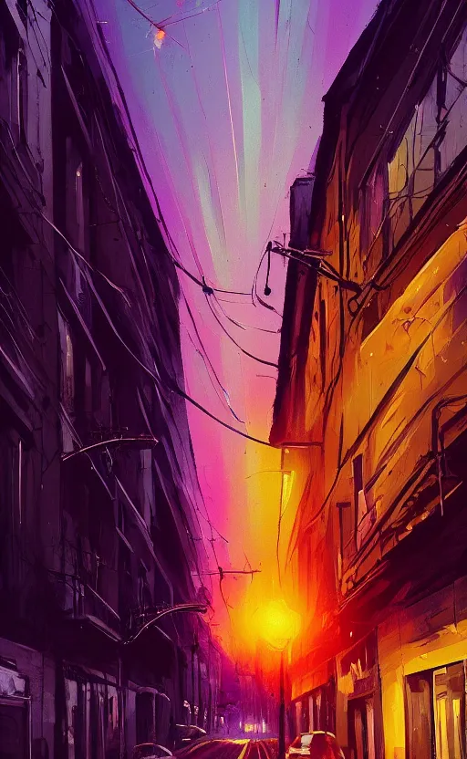 Image similar to a beautiful illustration of a street at sunset, art of alena aenami, featured on artstation, vertical orientation, paint brush strokes, expressionism, brushstroke - laden, purple hue, breathtaking clouds, traffic lights, wet concrete, beauttiful stars, cables, long exposure
