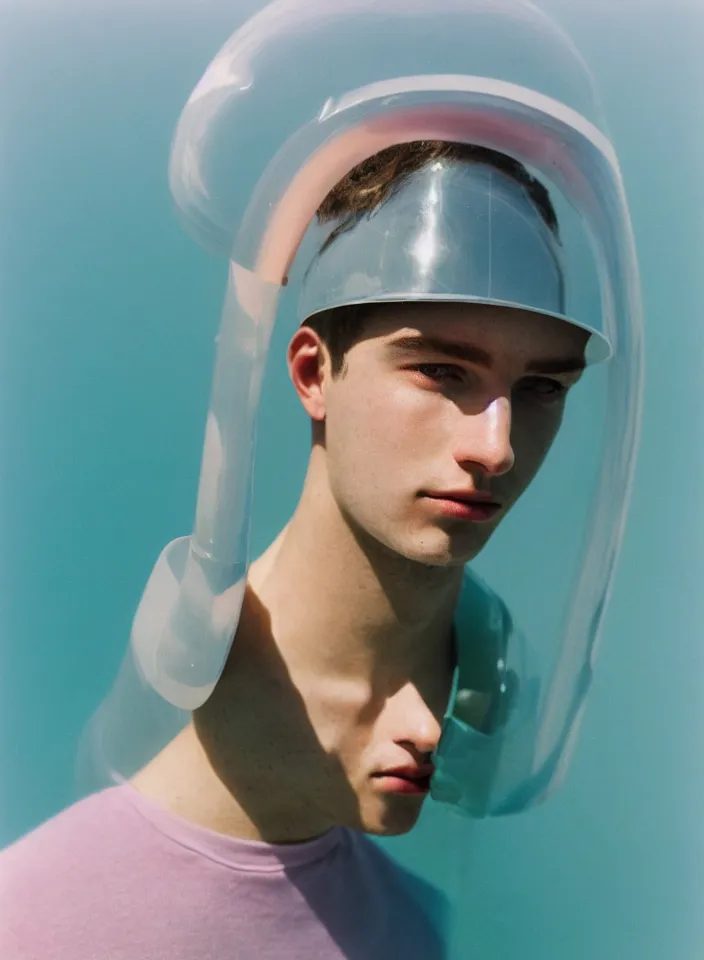 Image similar to high quality pastel coloured film portrait photograph of a beautiful young 2 0 year old male, soft features, short hair, wearing perspex space mask visor and oversized inflated clothing!!!! icelandic black rock pool environment. atmospheric three point light. photographic. art directed. ( pastel colours ). volumetric. clearcoat. waves. 8 k. filmic.