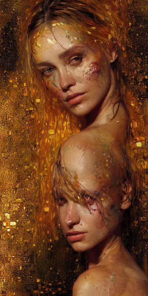 Image similar to an intricate portrait painting of an artistic pose young beautiful lady covered in klimt golden motives and textures, hyper - detailed, octane render, vivid colors, artstation, by jeremy mann, by gustav klimt