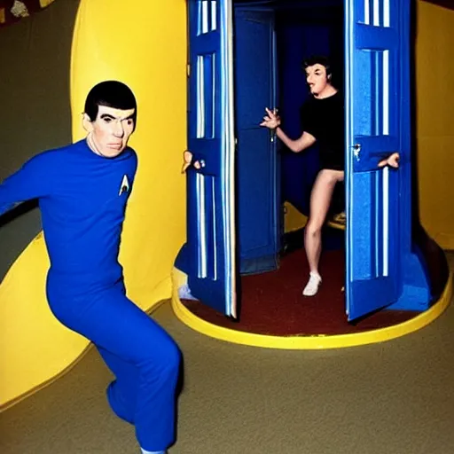 Image similar to spock!!!!!!!! in blue tutu exiting the tardis!!!!!!!, spock spock spock tardis tardis tardis color photo