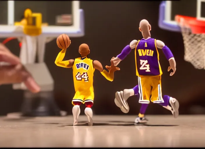 Prompt: cinematic screenshot of a stop motion claymation film about a wacky adventure starring kobe bryant, shallow depth of field, 1 8 mm, f 1. 8