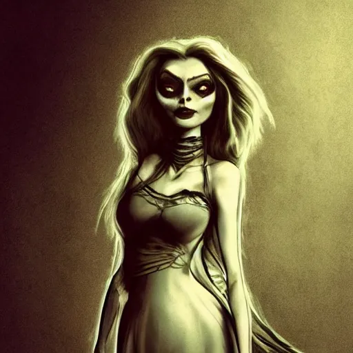 Image similar to michael karcz grunge drawing of margot robbie. , in the style of corpse bride, loony toons style, horror themed, detailed, elegant, intricate, trending on artstation, 4k