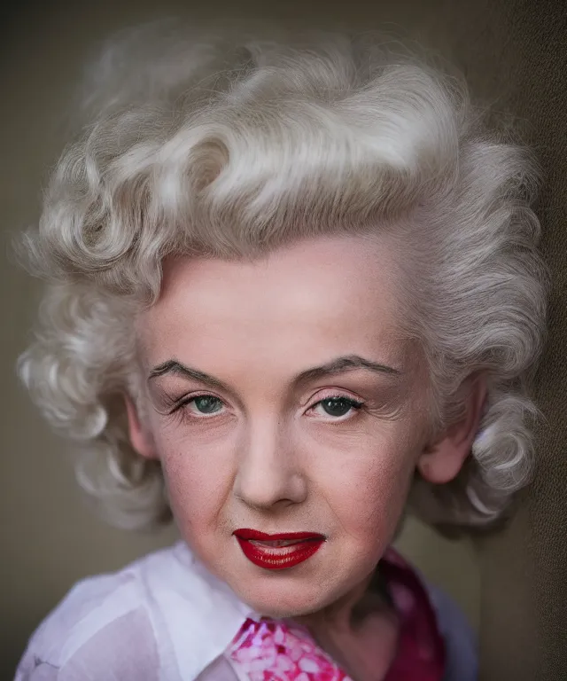 Prompt: dslr photo portrait still of 1 0 year old age 1 0 0 marilyn monroe at age 3 5!!!, 8 5 mm f 1. 8