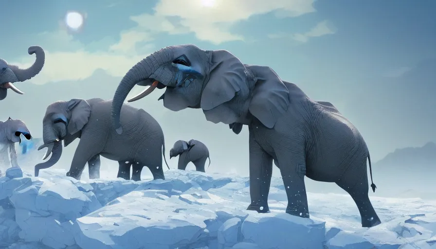 Image similar to A highly detailed matte painting of African elephants wearing battle armor marching in snow mountain landscape by Studio Ghibli, Makoto Shinkai, by Artgerm, by beeple, by Greg Rutkowski, volumetric lighting, octane render, 4K resolution, trending on artstation, masterpiece