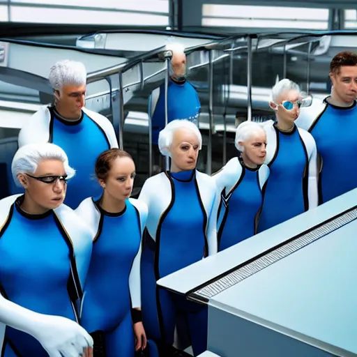 Image similar to group of weird athletic humans with light blue neoprene suits and white hair standing in tight formation on a conveyor belt, advanced futuristic laboratory, sci - fi, highly detailed, hyperrealistic