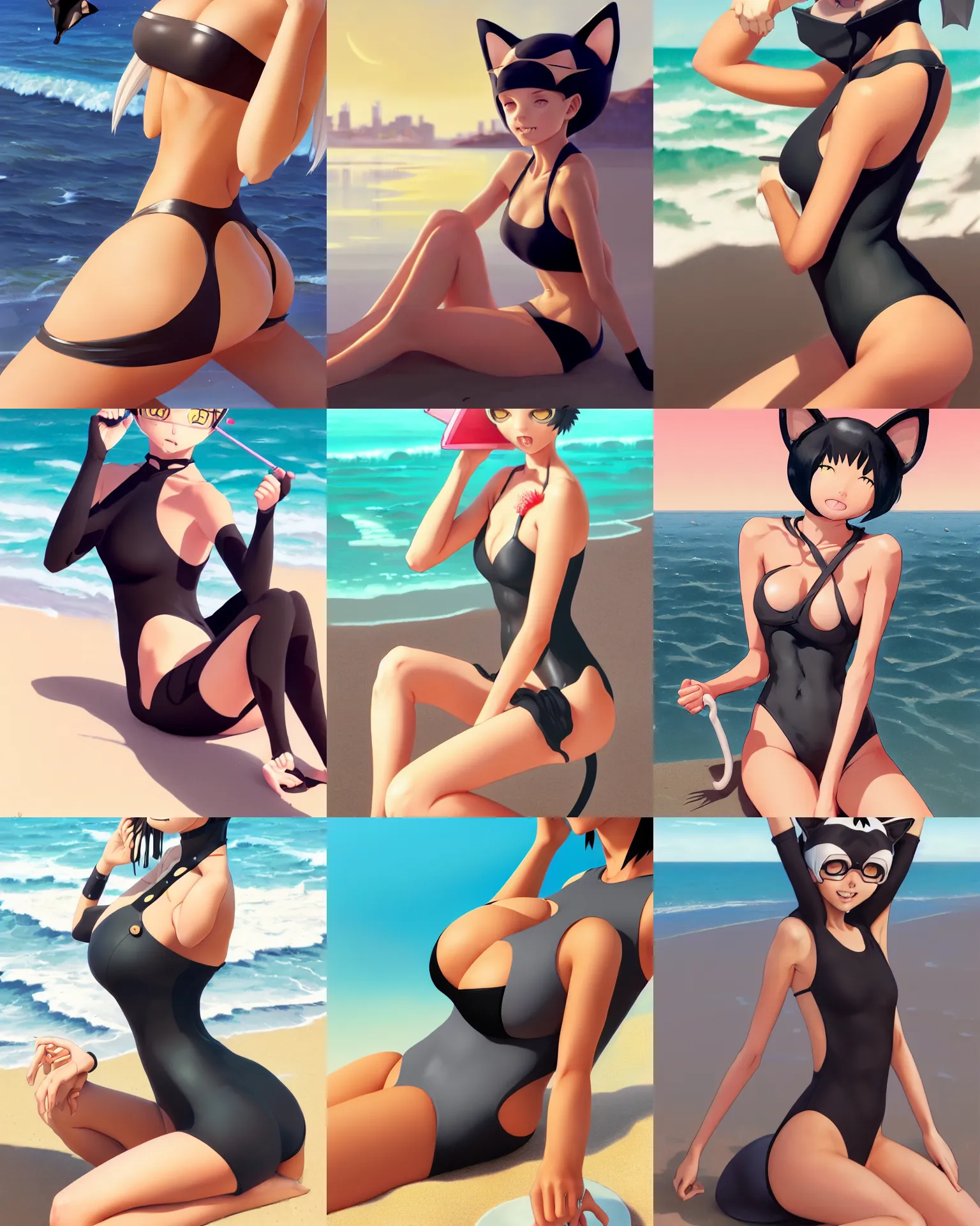 Prompt: attractive cat girl , closed monokini, dark one-piece swimsuit , grey hair and cat ears , hourglass slim figure , full body shot close up , short hair , seductive smile , details, sharp focus , illustration , sitting at the beach , by Jordan Grimmer and Greg Rutkowski , Ilya Kuvshinov , WLOP , Trending artstation , pixiv , digital Art