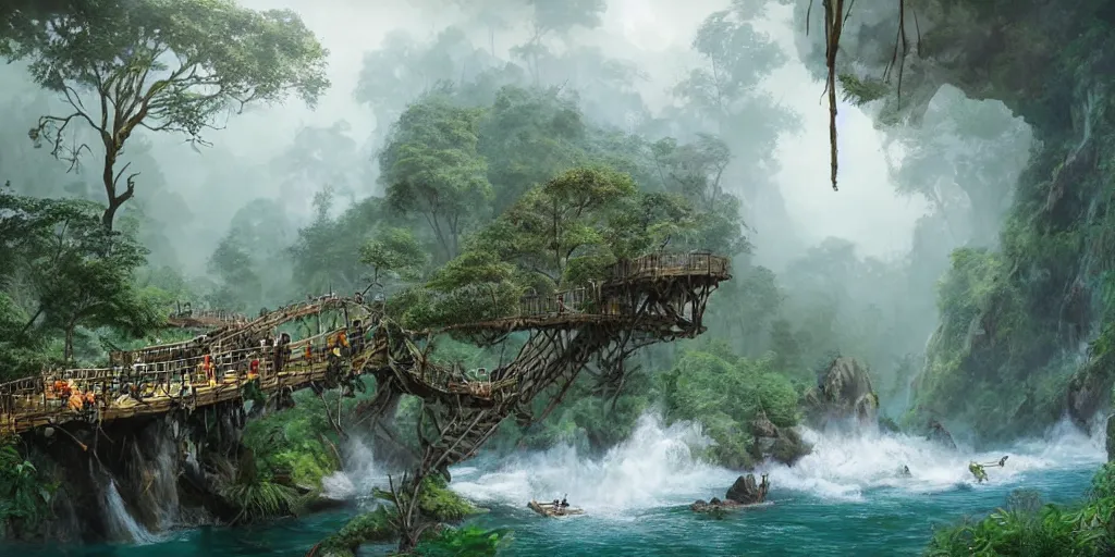 Prompt: jungle rainforest cliffs with treehouse village. tiered catwalks and rope bridges. wooden cabins. foggy valley and mountains fading into the distance, at sunset. waterfalls. neverland. peter pan kids wearing war paint and headdresses, standing on the rope bridges. dinosaurs. magic the gathering card art by greg rutkowski.