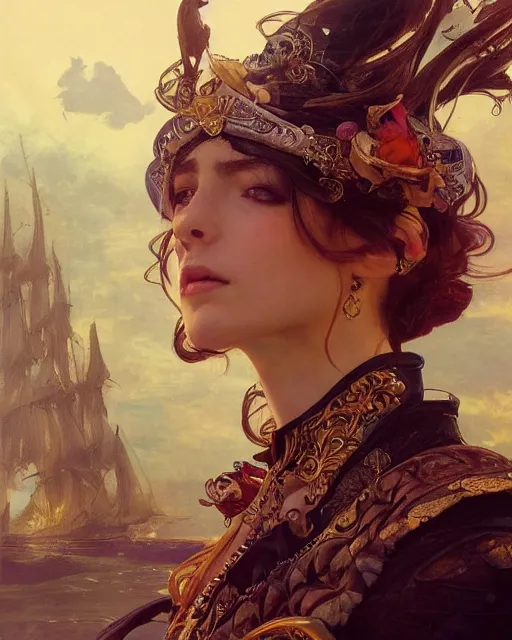 Image similar to a beautiful close up portrait of a pirate sitting with elegant looks, leather clothing, ornate costume and flowing magic all around, intricate and soft by ruan jia, tom bagshaw, alphonse mucha, krenz cushart, beautiful pirate ruins in the background, epic sky, vray render, artstation, deviantart, pinterest, 5 0 0 px models