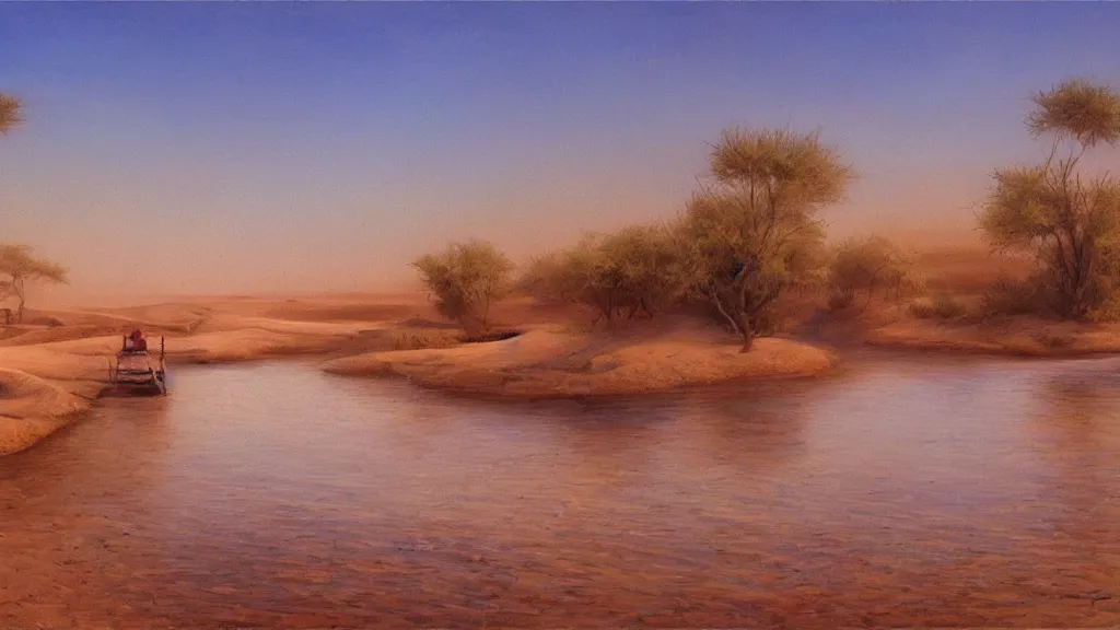 Prompt: High-Quality realist painting of a river crossing a traditional village in the Sahara Desert at dawn, peaceful, very detailed, digital art.