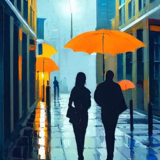 Prompt: evening modern high tech city scene with young woman with umbrella. beautiful use of light and shadow to create a sense of depth and movement. using energetic brushwork and a limited color palette and subtle orange hue, providing a distinctive look and expressive quality in a rhythmic composition