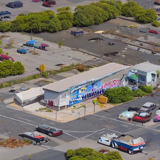 Prompt: top down aerial view of dilapidated gas - station with supermarket and shopping street in real life, desolate with zombies, dilapidated, zombies in the streets, nightmarish, some rusted style parked vehicles, sunny weather, few clouds, volumetric lighting, photorealistic, daytime, autumn, sharp focus, ultra detailed, cgsociety