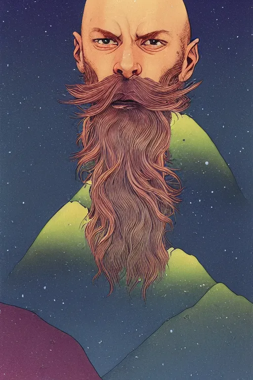 Image similar to a colorful closeup portrait of a young bald man with a very long wild beard dreaming psychedelic hallucinations in the vast icy landscape of antarctica, by kawase hasui, moebius and edward hopper, colorful flat surreal design, hd, 8 k, artstation