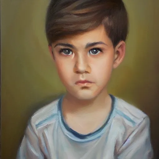 Prompt: beautiful oil painting of a boy with short side part light brown hair and brown eyes