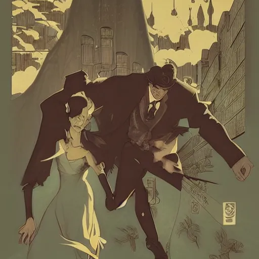 Image similar to a drawing of two men running frantically together, a poster by victo ngai and krenz cushart, pixiv contest winner, art nouveau, official art, wiccan. detailed. beautiful.