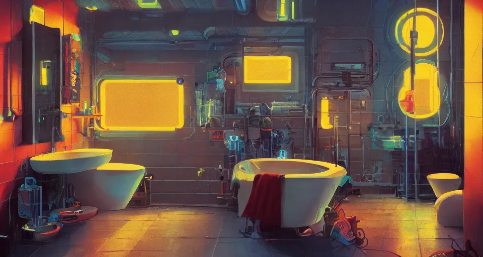 Image similar to IKEA catalogue photo of a cyberpunk bathroom, by Paul Lehr, 8k, HD, realistic, cinematic, artstation, details