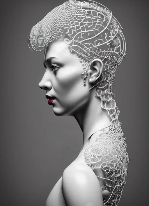Image similar to complex 3d render ultra detailed of a beautiful porcelain profile woman face, mechanical cyborg, 150 mm, beautiful natural soft light, rim light, silver white gold details, magnolia big leaves and stems, roots, fine foliage lace, maze like, mesh wire, intricate details, hyperrealistic, ultra detailed, mandelbrot fractal, anatomical, red lips, white metal neocubism armor, facial muscles, cable wires, microchip, elegant, octane render, H.R. Giger style, 8k